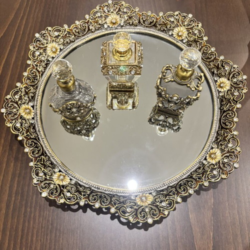 Vanity set with mirror tray and 3 decorative perfume bottles, vintage baroque style