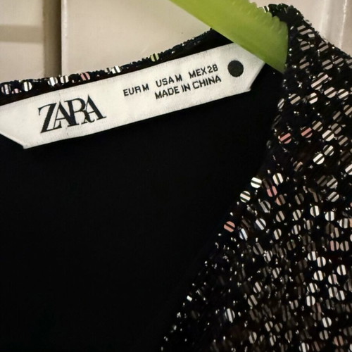 Zara Long-Sleeve Sequin Blouse New, Black with Silver