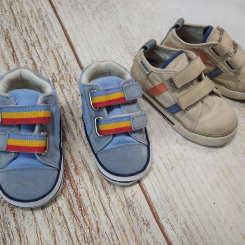 Baby shoes used, 2 pairs size 12 months and 21, with stencil figures gift