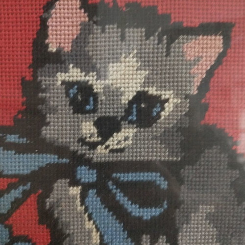 Vintage embroidered cat painting with frame and glass, like new