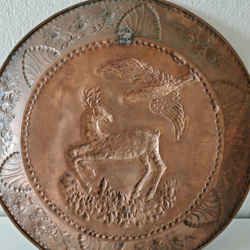 Vintage metal plate with embossed deer and bird, brass, new