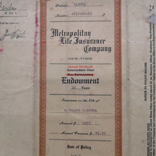 Life insurance policy used, 20 years, collectible from 1917