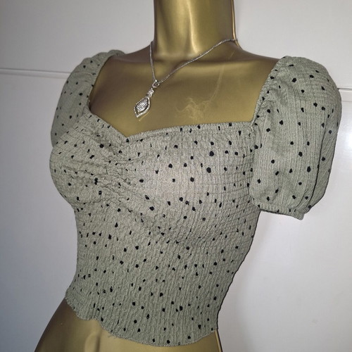 Stradivarius khaki green stretch crop polka dot top size medium