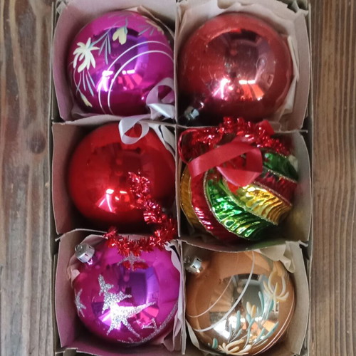 6 vintage glass Christmas baubles set
