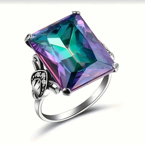 Ring with 5 ct rectangular rainbow topaz new, silver metal