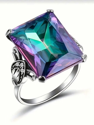 Ring with 5 ct rectangular rainbow topaz new, silver metal