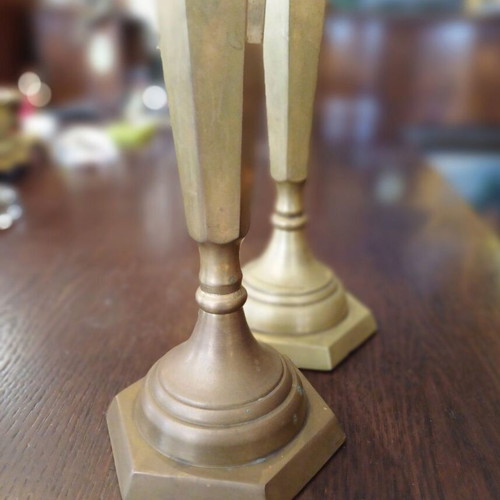 Brass Candlesticks Set like new with Geometric Design