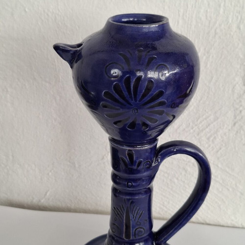Handmade ceramic oil lamp with Sifnos style, cobalt blue, like new