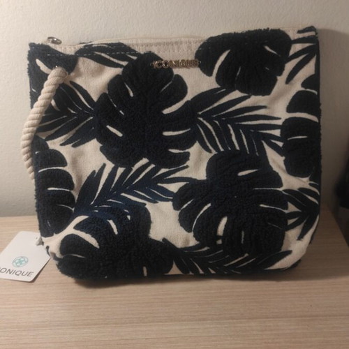 Iconique clutch bag new, white with dark blue leaves