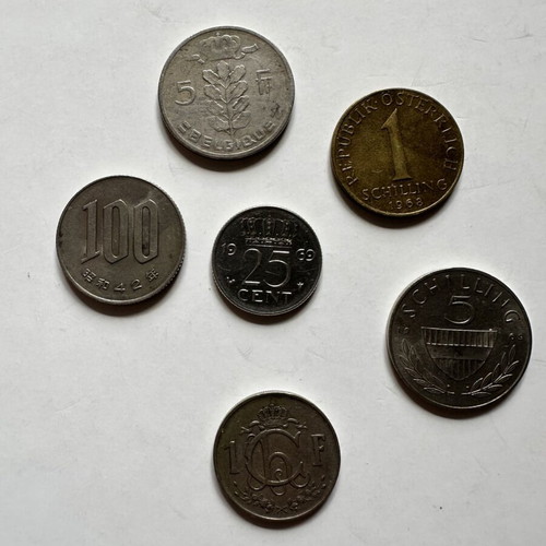 Set of 6 used coins from Japan, Netherlands, Belgium, Austria, Luxembourg