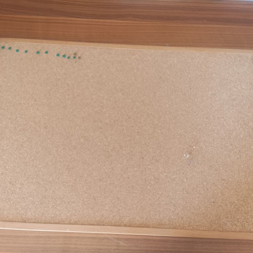 Cork bulletin board with wooden frame and hanging rings