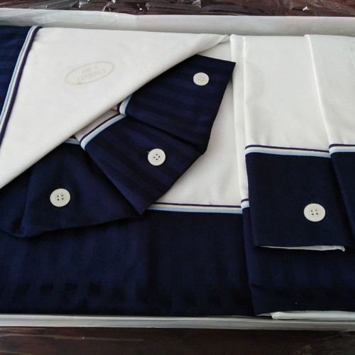 Italian double bed sheets set 100% cotton without elastic with dark blue stripe