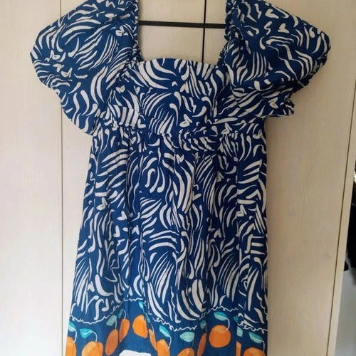Primark short dress with puff sleeves blue and white like new