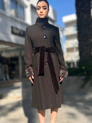Michel Klein Paris Wool Brown Coat New with Velvet Pockets and Fur Cuffs