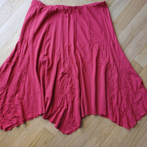 Asymmetric summer skirt used, red with floral embroidery, midi
