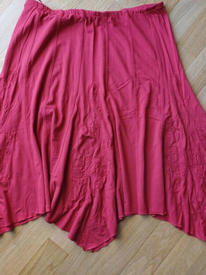 Asymmetric summer skirt used, red with floral embroidery, midi