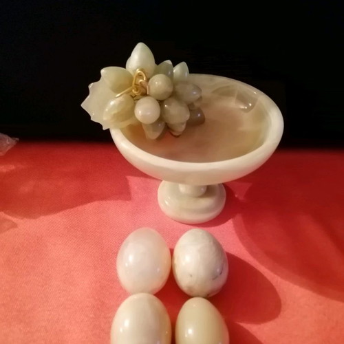 Alabaster fruit bowl set like new with decorative grapes and eggs