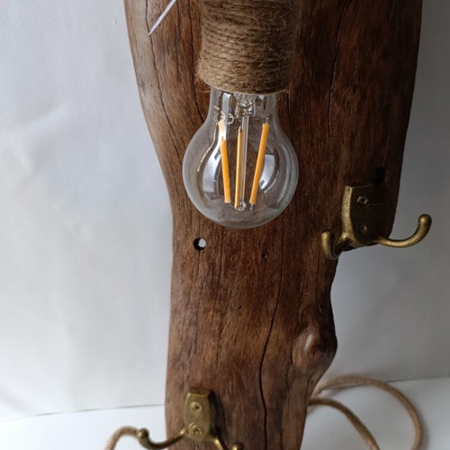 Handcrafted Driftwood Wall Lamp with Vintage Coat Hooks
