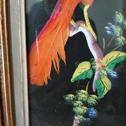 Set of vintage hand-painted art with natural feathers used