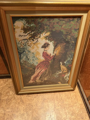 Vintage κέντημα σε κορνίζα με ρομαντική κλασική σκηνή, σαν καινούργιο