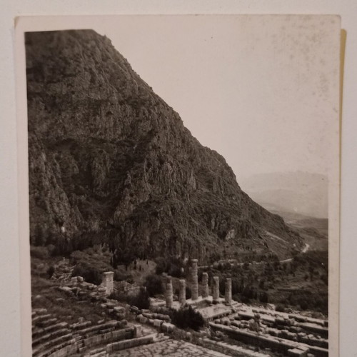 Delphi postcard used, black and white, ancient theater and Temple of Apollo