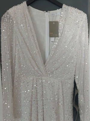 Asos bridal dress sequin beaded long sleeve V neck white size 40
