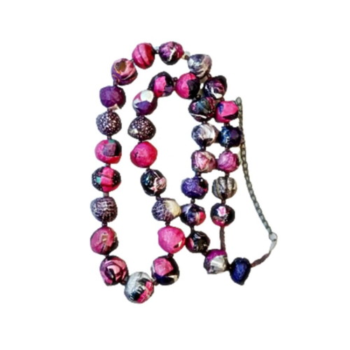 Long handmade bow tie necklace in purple and pink