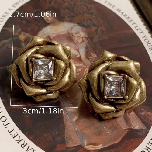 Vintage Gold Tone Rose Stud Earrings with Crystal