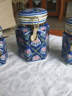 Vintage σετ 3 κεραμικά δοχεία Cobalt Blue σαν καινούργιο, αεροστεγή, χειροποίητα