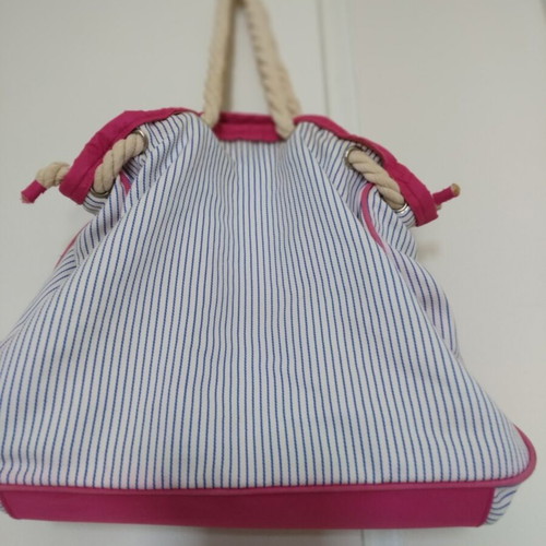 Lovie beach bag used, 100% cotton, white with blue stripes and pink letters