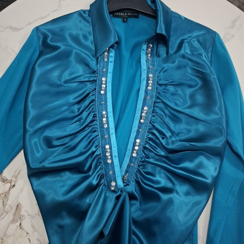 Angelo Psarros Satin Top with Rhinestones Petrol Blue Size 3 like new