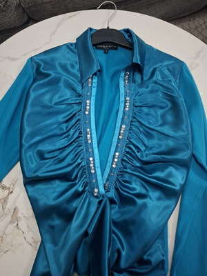 Angelo Psarros Satin Top with Rhinestones Petrol Blue Size 3 like new