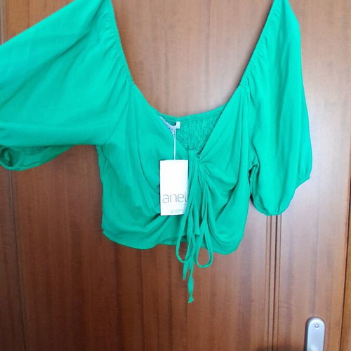 Anel women's crop top Large new, green cotton, puff sleeve