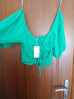 Anel women's crop top Large new, green cotton, puff sleeve