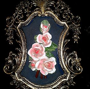 Κάδρο Vintage μεταλλικό, μαύρο φόντο με τρισδιάστατα λουλούδια