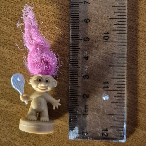 Vintage Troll figure with pink hair and tennis racket, used, rubber stamp base