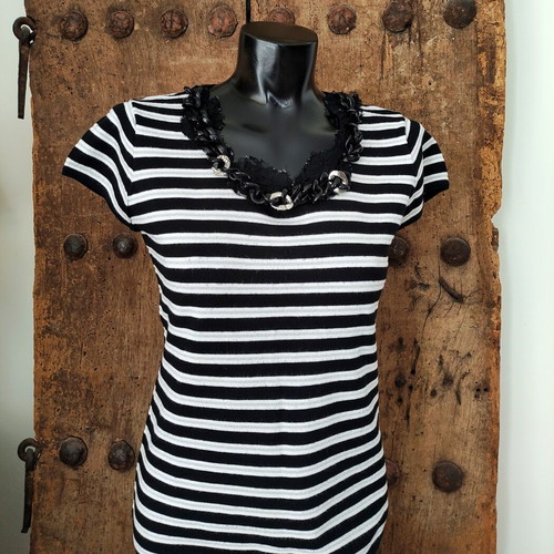 Vintage Y2K Knit Striped Top with Chunky Chain and Lace Neckline, used