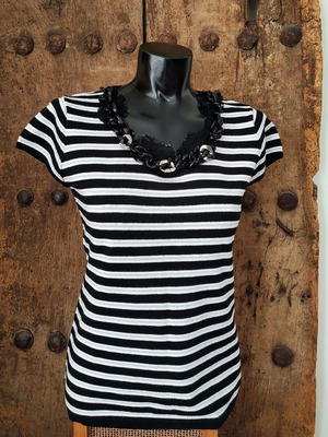 Vintage Y2K Knit Striped Top with Chunky Chain and Lace Neckline, used