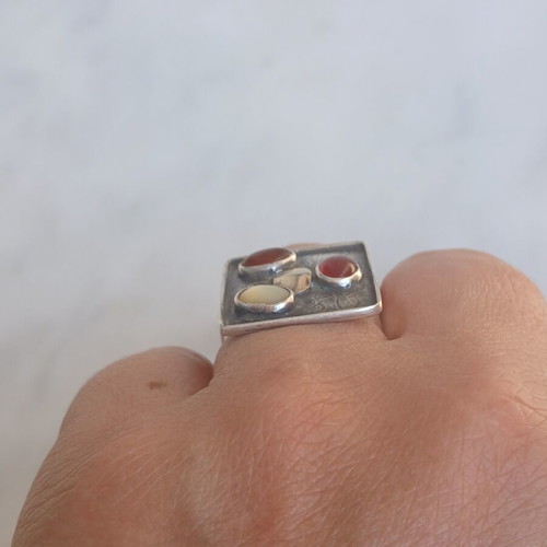 925 silver ring with 585 detail, carnelian and moonstone, 17 mm