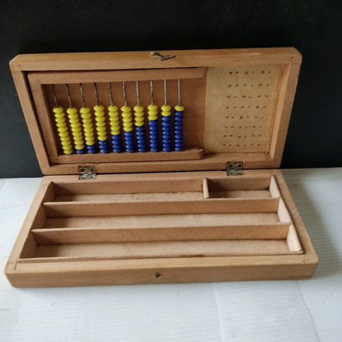 School pencil case used, wooden with small abacus