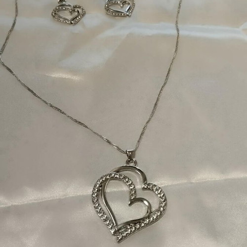 Heart necklace and earrings set with sparkling zircon, silver color, new