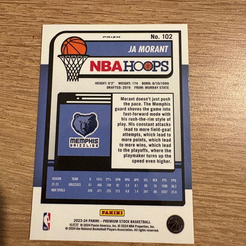 Ja Morant 2023-24 Panini Hoops Premium Stock Cracked Ice Prizm card new