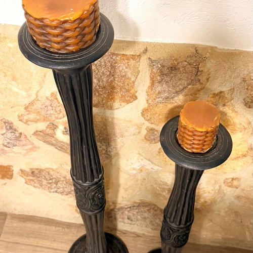 Set of 2 wooden floor candlesticks used, vintage neoclassic style