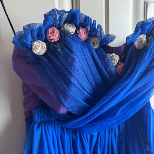 Vintage strapless dress 80s blue with fabric roses size 46 like new
