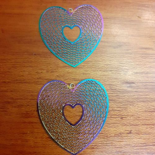 Filigree heart charms new, 2 iridescent hanging pieces