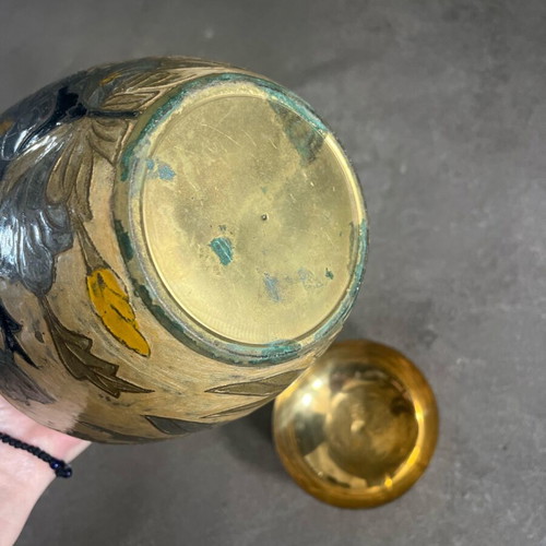 Vintage brass ginger jar with cream enamel and hand-painted motifs like new