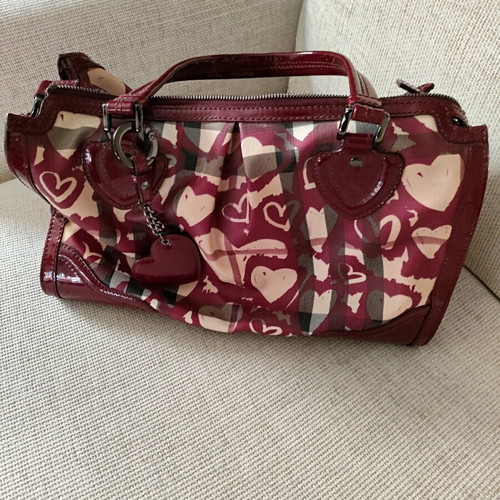 Burberry Heart Boston Bag like new, burgundy canvas and patent leather