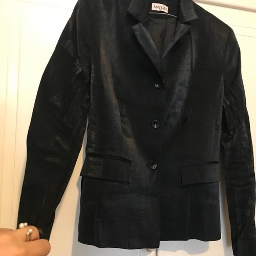 Madlen suit set used, jacket and pants, black shiny fabric