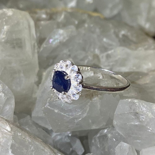Handmade silver ring with natural blue sapphire and moissanites, new