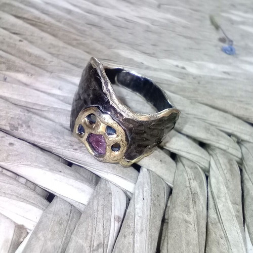 Large handmade silver (925) ring with ruby and 22k gold plating, like new